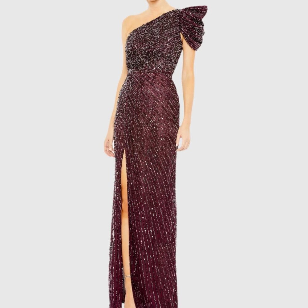 Mac Duggal Burgundy Sequin One-Shoulder Maxi Dress